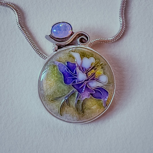Columbine Wildflower pendant with Ethiopian Opal
