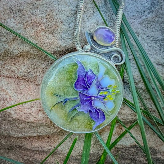 Columbine Wildflower pendant with Ethiopian Opal
